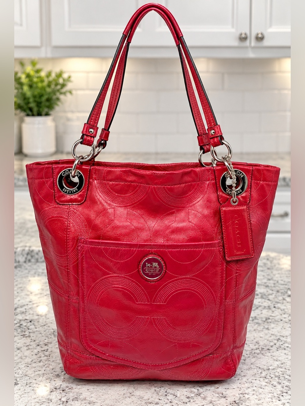 Coach Alex Stitched Patent Leather Tote 14265 Red Pink Op Art 2009